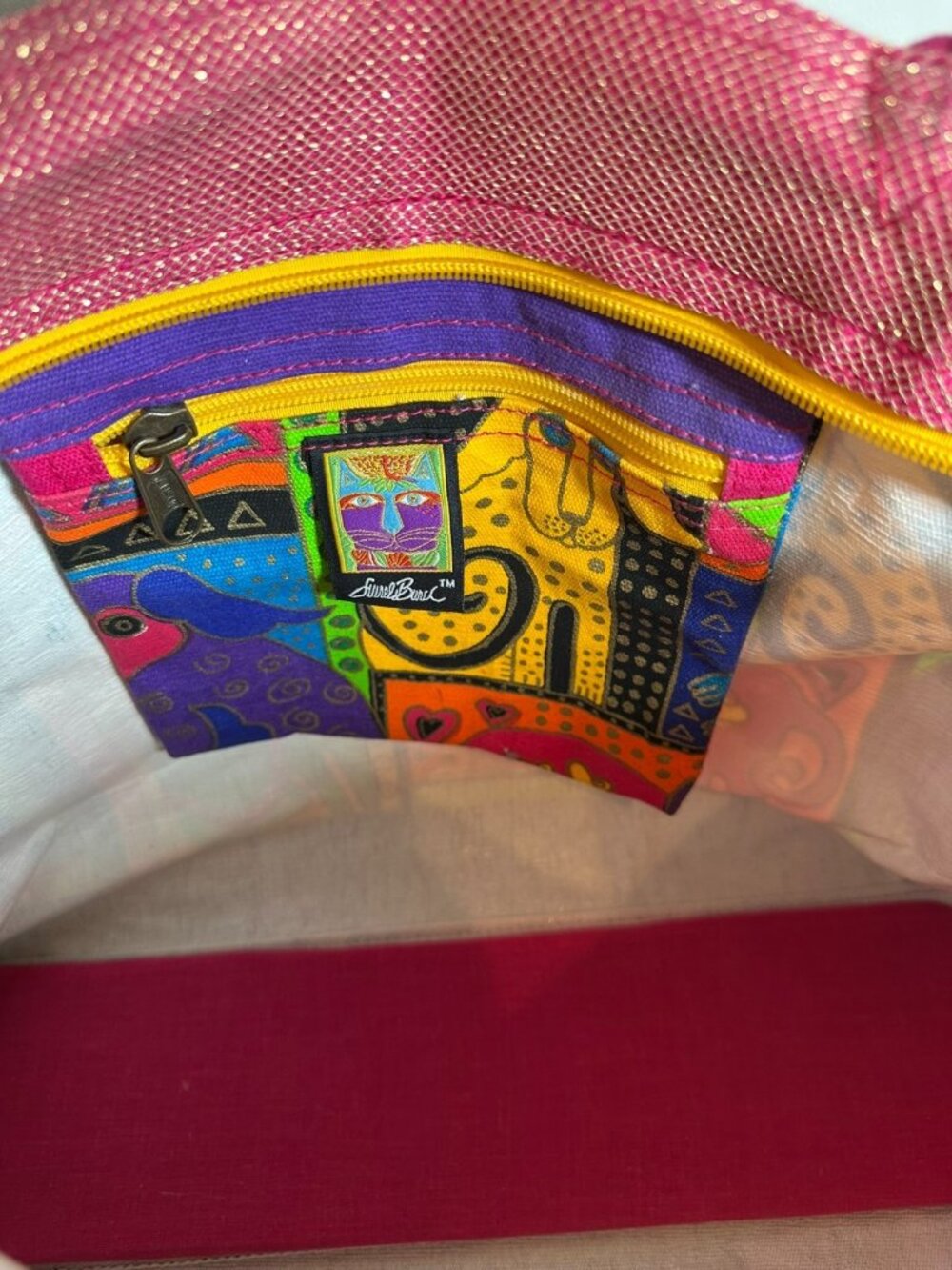 Laurel Burch Colorful Dog Canvas Tote Bag Large Zip Top Shoulder Bag w/ Charms - Picture 7 of 8